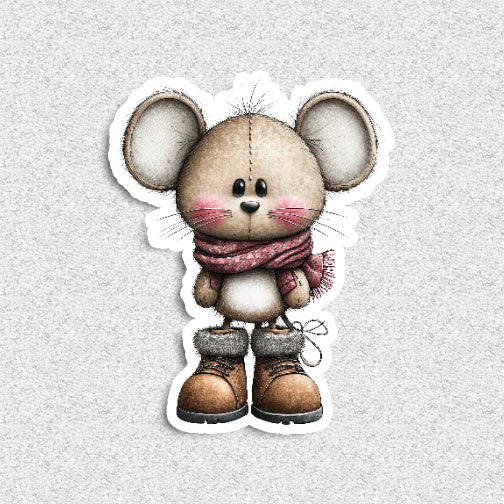 Illustration of a mouse wearing boots and a scarf on a light gray background