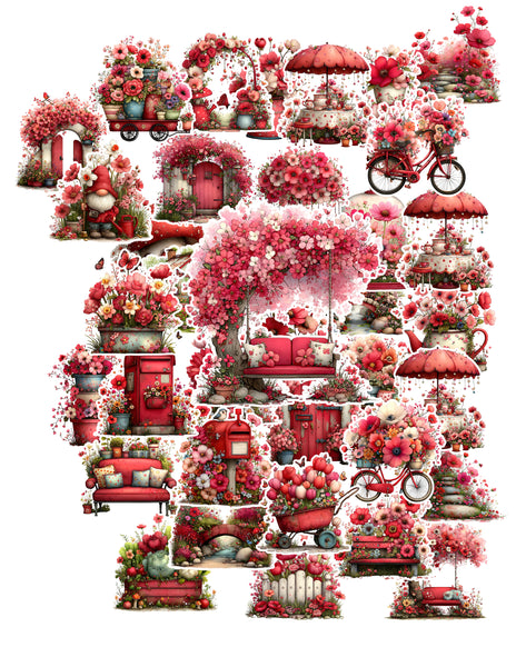 36 Red Flower Garden Handmade Stickers for Laptops, Journals, Notebooks, Scrapbooks