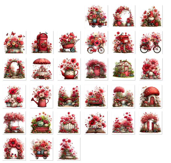 36 Red Flower Garden Handmade Stickers for Laptops, Journals, Notebooks, Scrapbooks