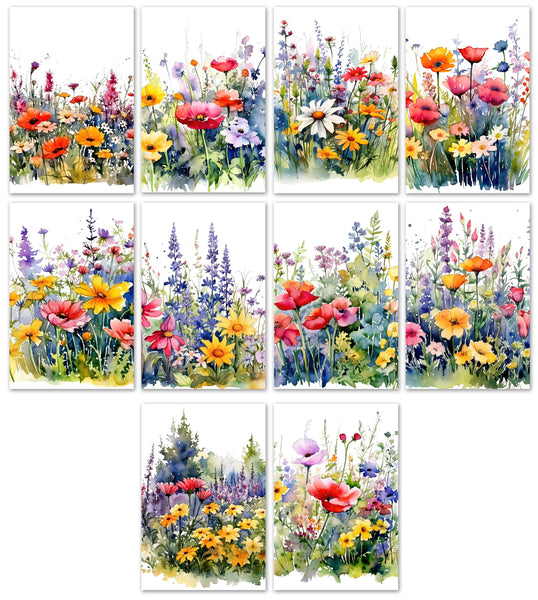 10 Handmade Watercolor Wildflowers – Blank Inside – Folded 4x6 Every Occasion Cards with White Envelopes