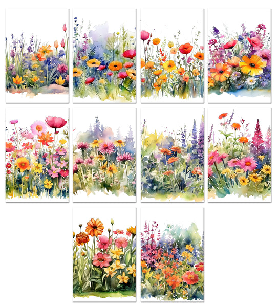 10 Handmade Watercolor Wildflowers – Blank Inside – Folded 4x6 Every Occasion Cards with White Envelopes