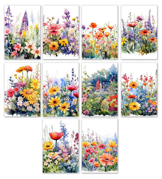 10 Handmade Watercolor Wildflowers – Blank Inside – Folded 4x6 Every Occasion Cards with White Envelopes