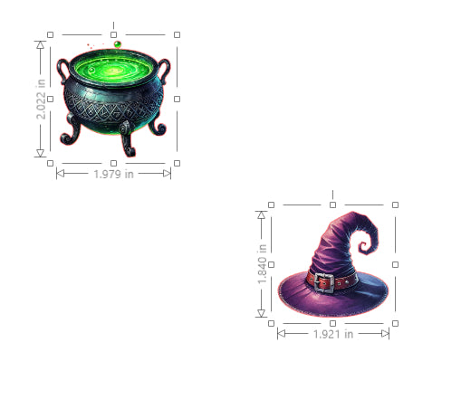 Measurement chart of a witch's hat and cauldron with green liquid on a white background