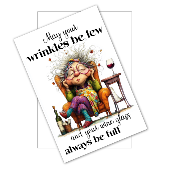 May Your Wrinkles Be Few Funny Wine Birthday Card for Women – 4x6