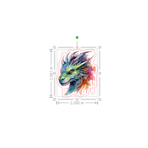 Colorful dragon illustration with dimensions on a white background