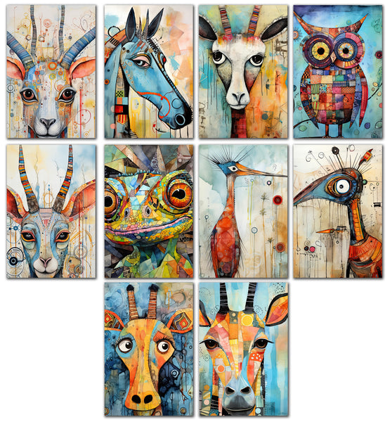 10 Handmade Abstract Animals – Blank Inside – Folded 4x6 Every Occasion Cards with White Envelopes