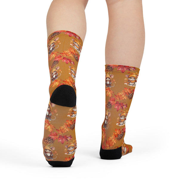 Novelty Socks for Women Autumn Fall Mouse Comfortable Crew Socks Orange Red Leaves