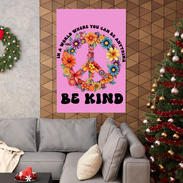 Poster with peace symbol and flowers on a pink background in a living room with Christmas decorations.