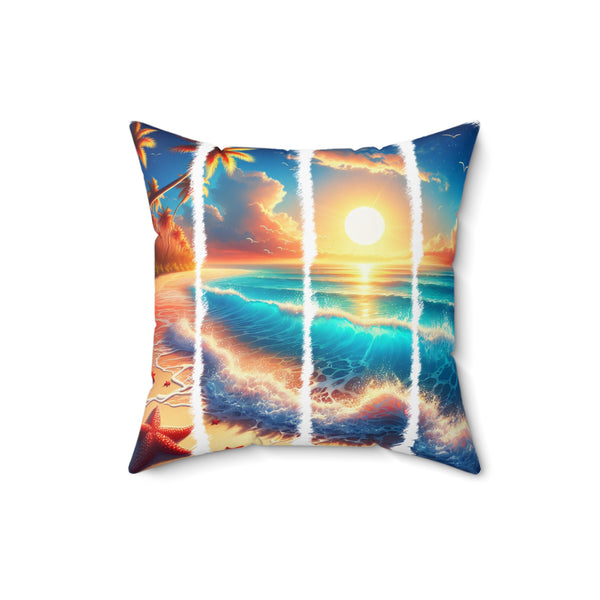 Decorative pillow with a sunset design featuring palm trees and water.