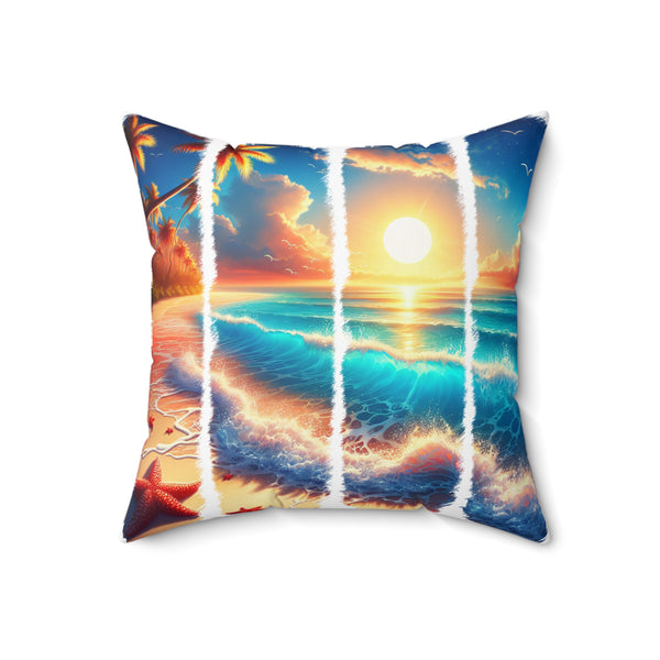 Decorative pillow with a sunset over water design on a white background