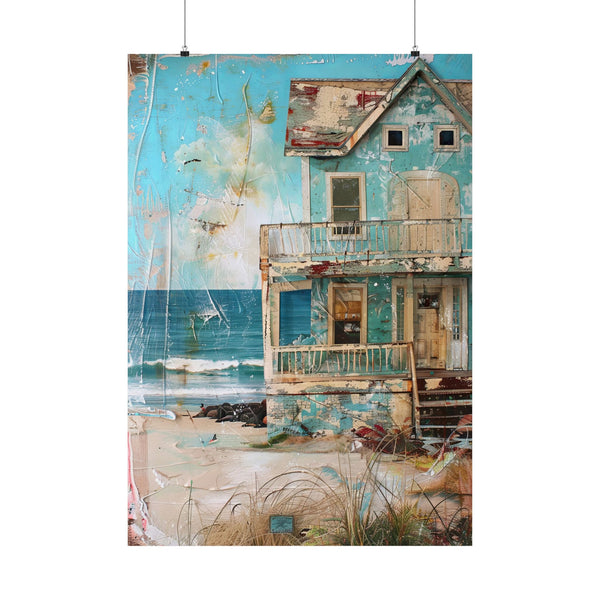 Artistic depiction of a beach scene with a distressed building.