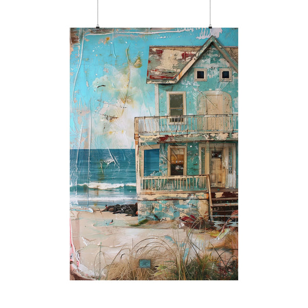 Collage of a distressed house by the water with a sailboat.