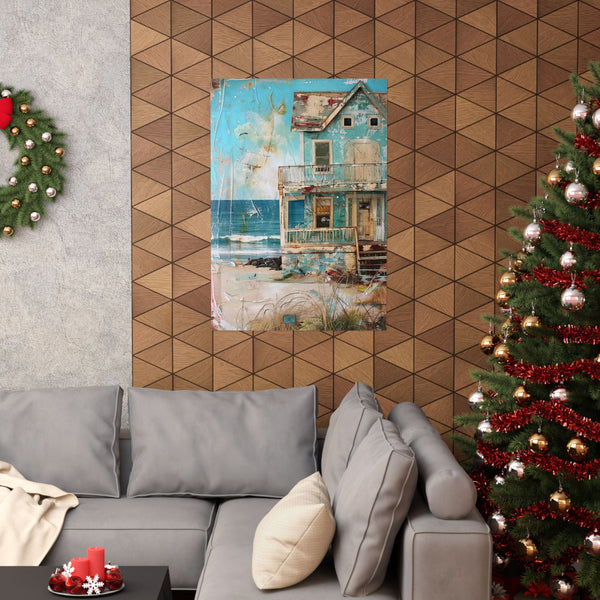 Living room with a gray sofa, Christmas tree, and wall art.