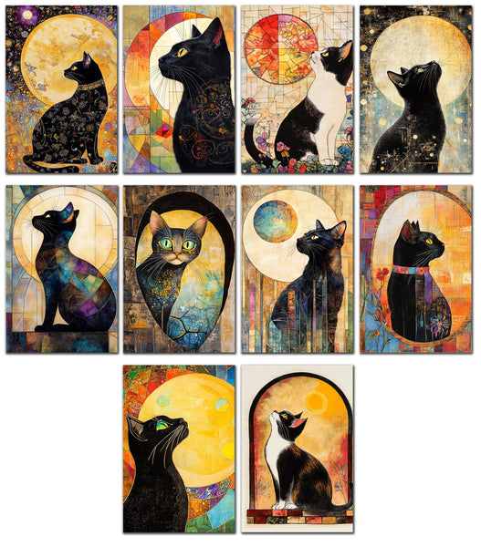 10 Handmade Celestial Cats – Blank Inside – Folded 4x6 Every Occasion Cards with White Envelopes