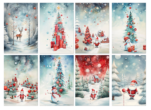 Set of Christmas-themed illustrations with trees, Santa Claus, and reindeer in a snowy landscape.