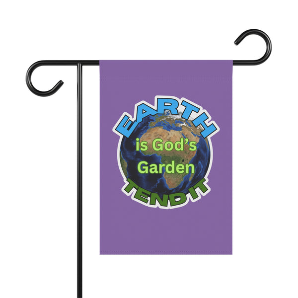 Garden flag with Earth design and text on a purple background