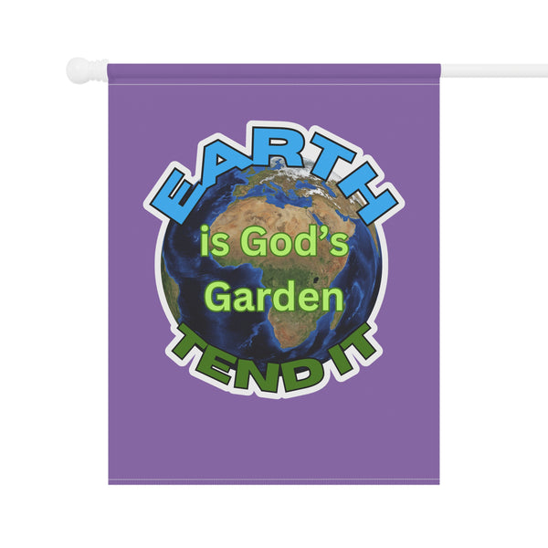 Purple flag with Earth graphic and text 'Earth is God's Garden Tend It' on a white background