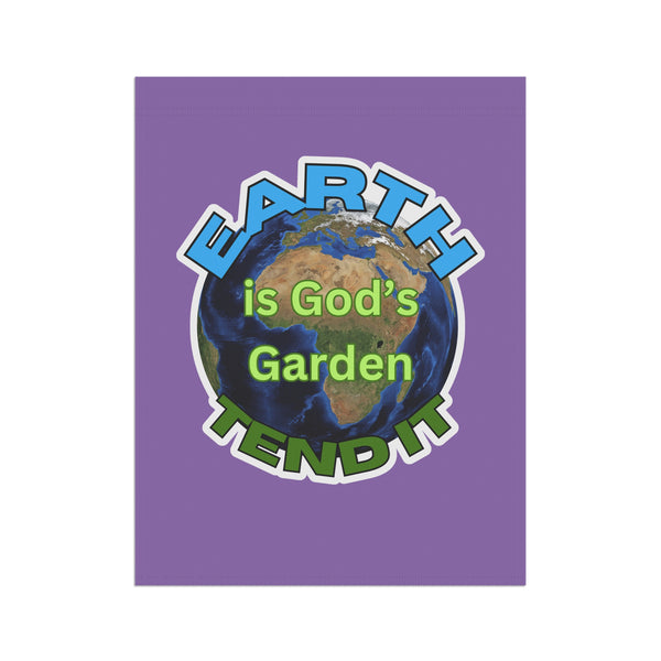 Purple banner with Earth graphic and text 'Earth is God's Garden Tend It' on a white background