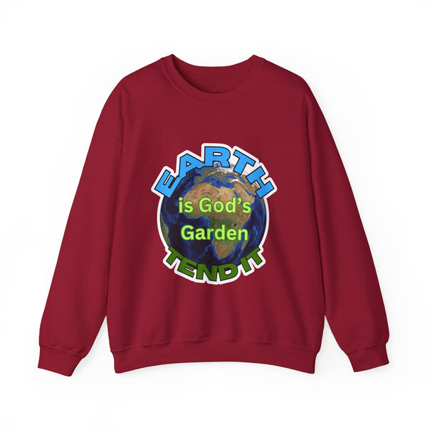Red sweatshirt with Earth graphic and text on a white background