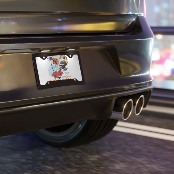 Car license plate with a decorative design on a blurred street background