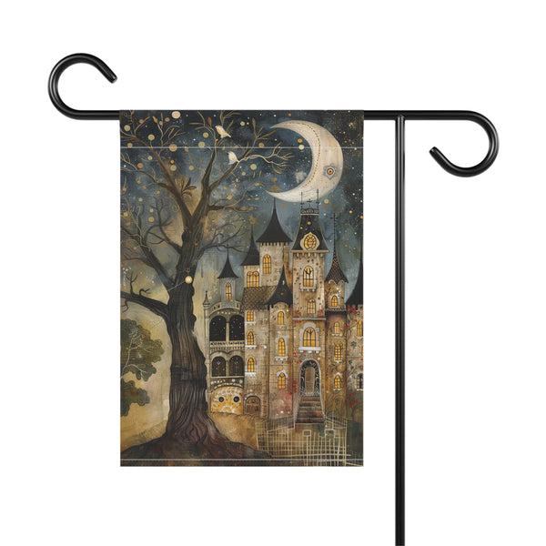 Decorative garden flag with a castle and tree design on a white background