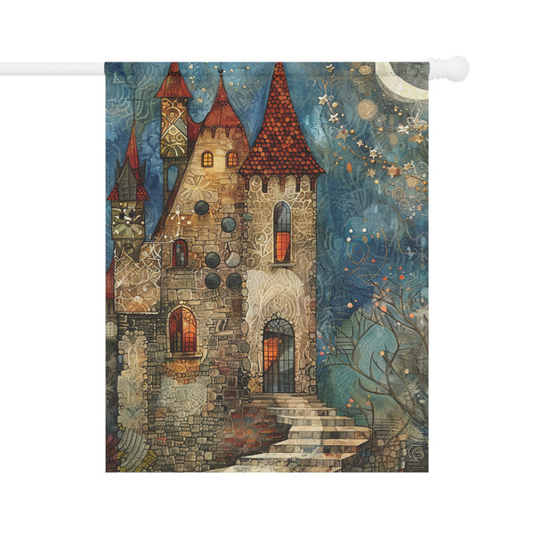 Decorative flag with a fantasy castle design on a white background