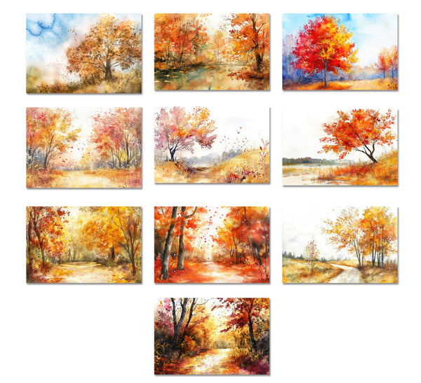 Set of nine autumn-themed paintings with trees and landscapes.