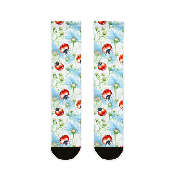 Pair of socks with ladybug and flower pattern on a white background