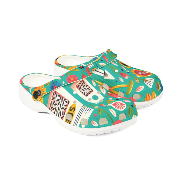 Colorful clogs with a pattern on a white background