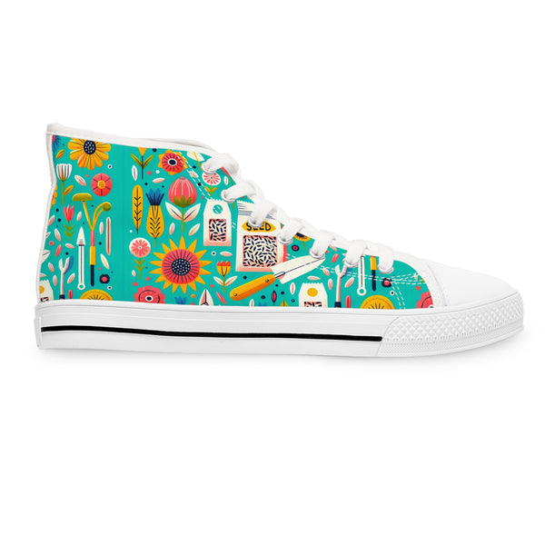 Colorful high-top sneaker with floral and kitchen utensil pattern on a white background
