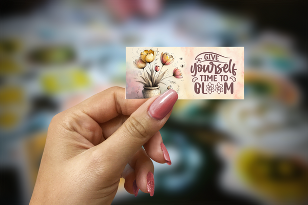 Give Yourself Time to Bloom Inspirational Glossy Sticker | Handmade Floral Motivation Decal | 3.5 x 1.75 Inch