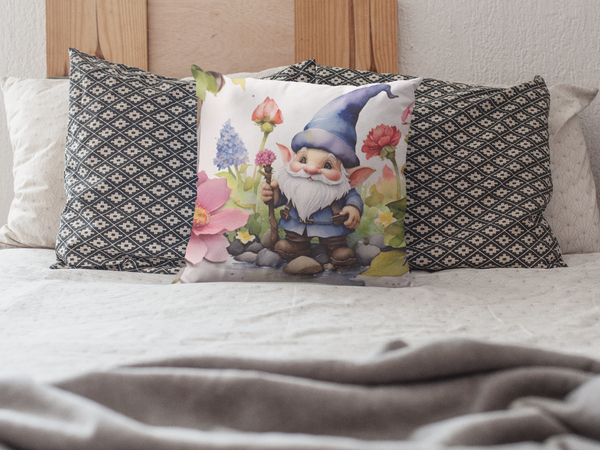 Gnome Throw Pillow with Insert, 4 Sizes, on bed