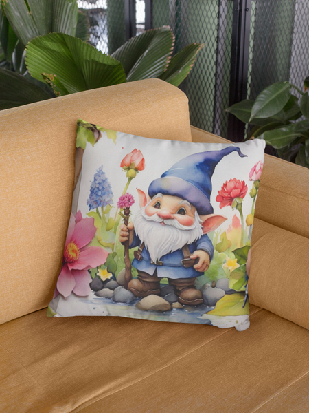 Gnome Throw Pillow with Insert on an orange couch