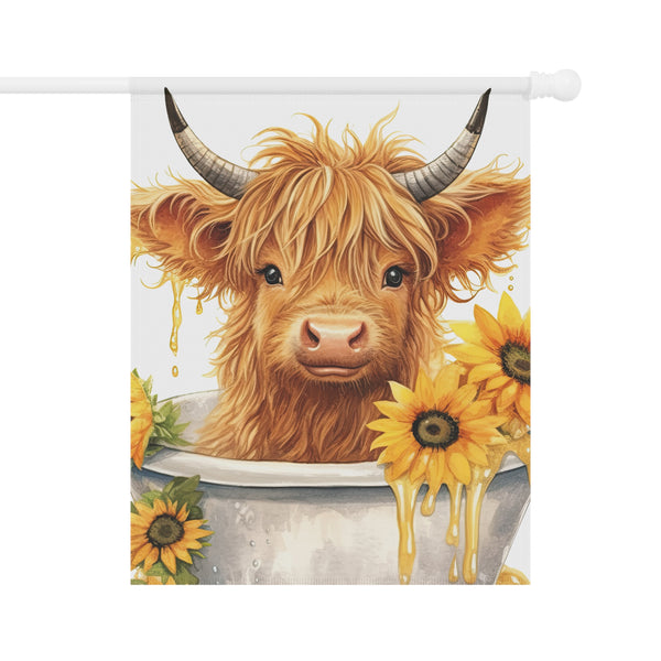 Decorative flag with a highland cow and sunflowers on a white background