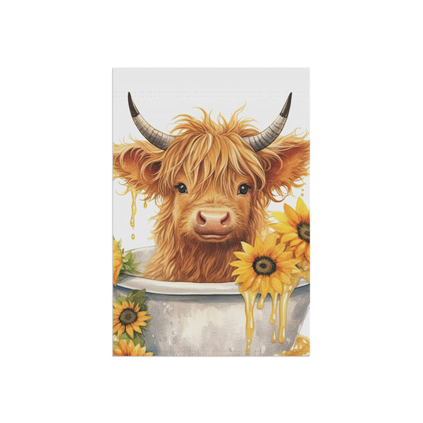 Poster of a highland cow with sunflowers on a white background