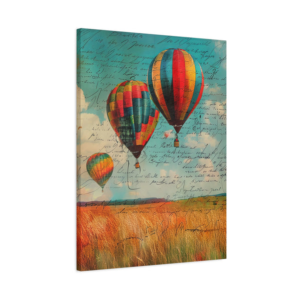 Canvas print with colorful hot air balloons and a field scene on a textured background