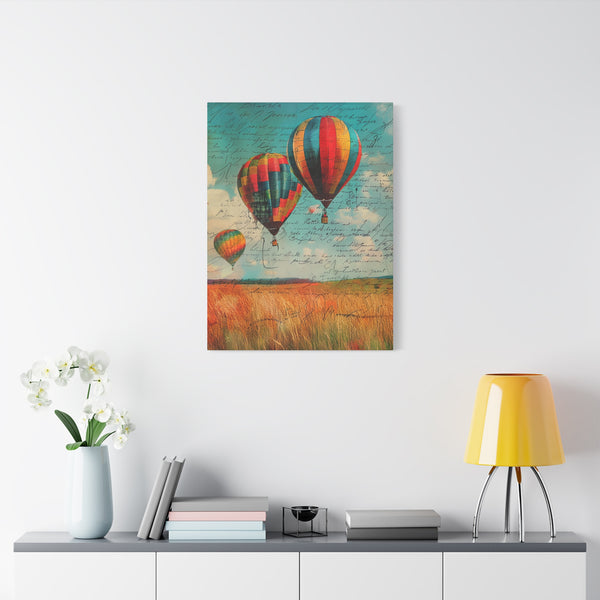Canvas print of hot air balloons over a field in a living room setting.