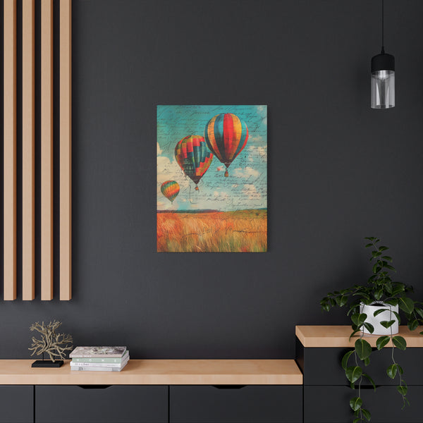 Colorful hot air balloon painting on a dark wall with wooden shelves and decor.