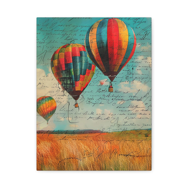 Vintage-style painting of hot air balloons over a field with script text