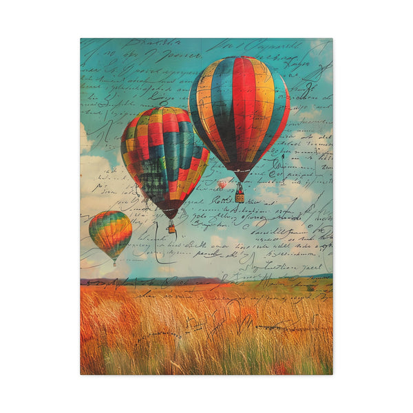 Vintage-style painting of hot air balloons over a field with script text in the background.