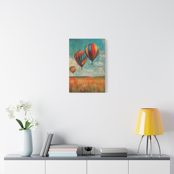 Canvas print of hot air balloons in a field hanging on a wall above a shelf with decor items.