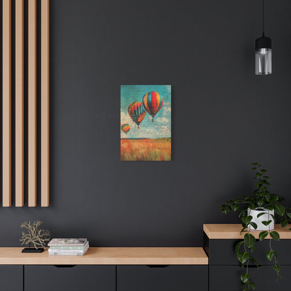 Painting of hot air balloons on a dark wall above a wooden shelf.