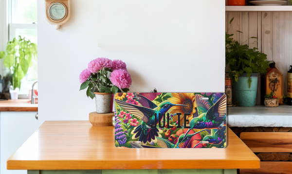 Personalized Hummingbird Custom Front License Plate Vanity Plate sitting on a kitchen table with a vase of pink flowers and a clock on the wall. 
