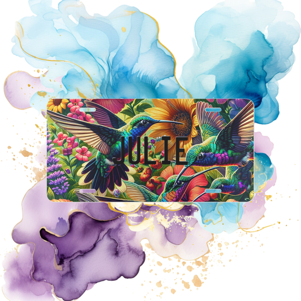 Personalized Hummingbird  Custom Front License Plate Vanity Plate with a watercolor splash background in blue and purple. 