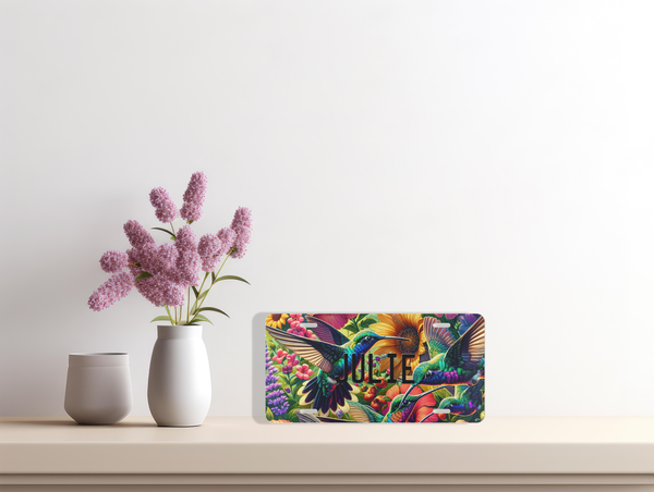 Personalized Hummingbird Custom Front License plate  sitting on a shelf with pink flowers and a white wall. 