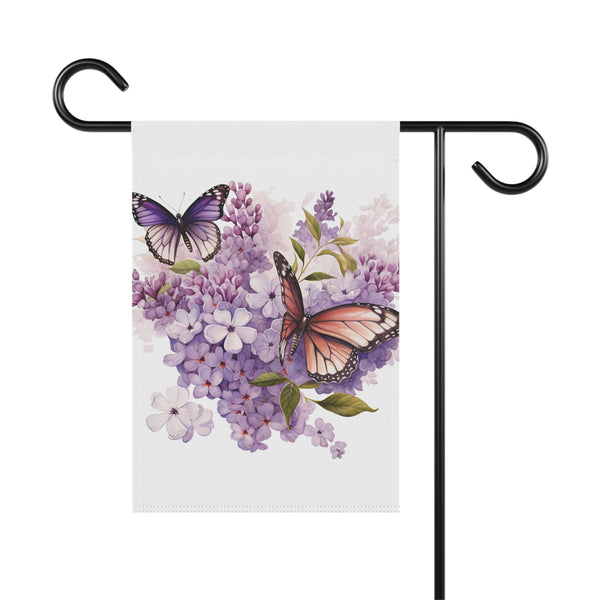 Decorative garden flag with butterflies and flowers on a white background