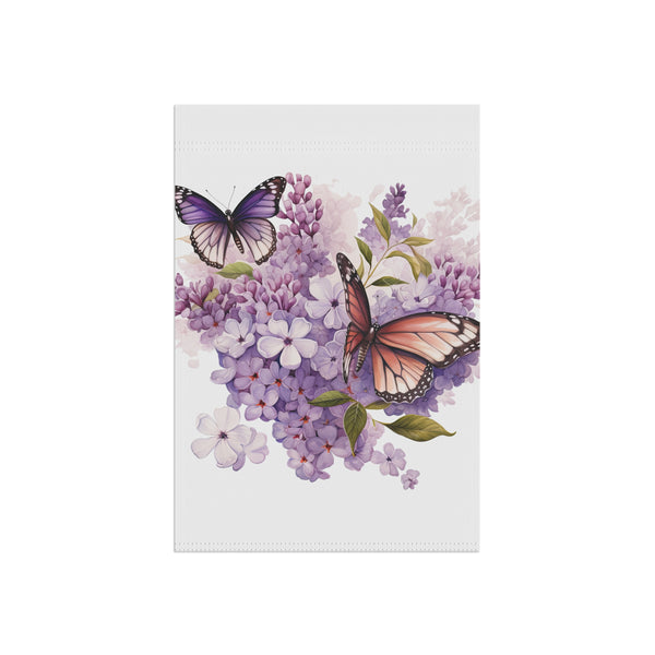 Card with butterflies and purple flowers on a white background