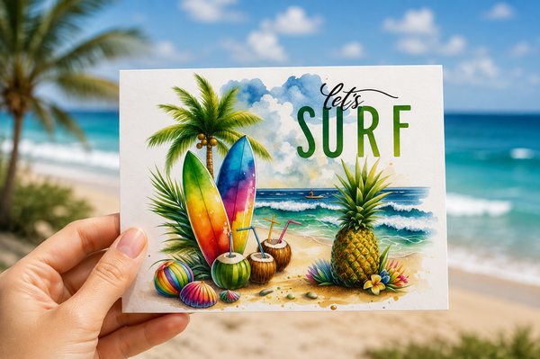 Let's Surf Blank Notecard Set | Tropical Beach Stationery with Envelopes