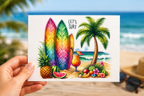 Let's Surf Blank Notecard Set | Tropical Beach Stationery with Envelopes