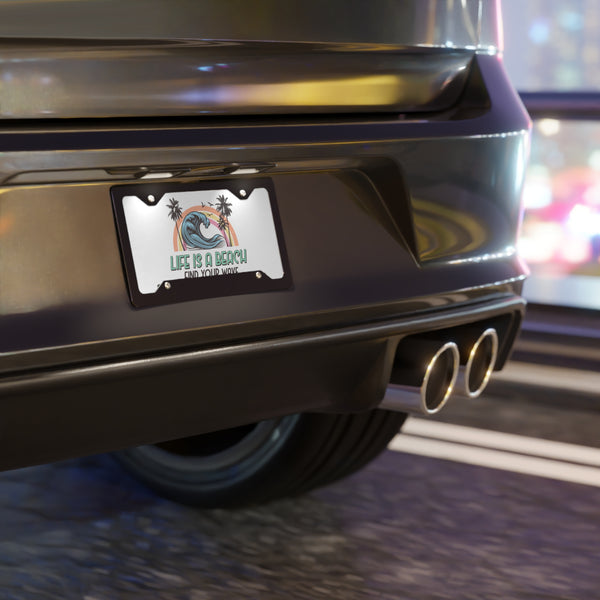 Car license plate with a scenic design on a blurred street background